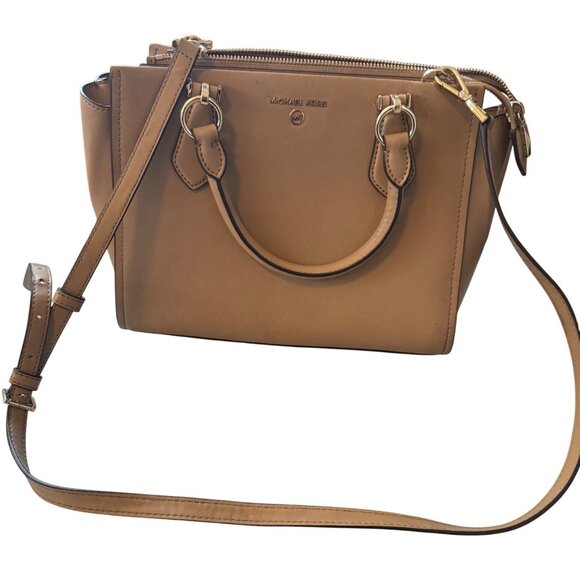 Michael Kors Beige Leather Satchel Bag With Adjustable Strap & Gold Hardware - Picture 1 of 12